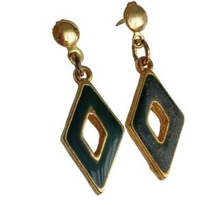 Vintage Art Deco Green Enamel Golde Modern Pierced Earrings Contemporary‎ MCM